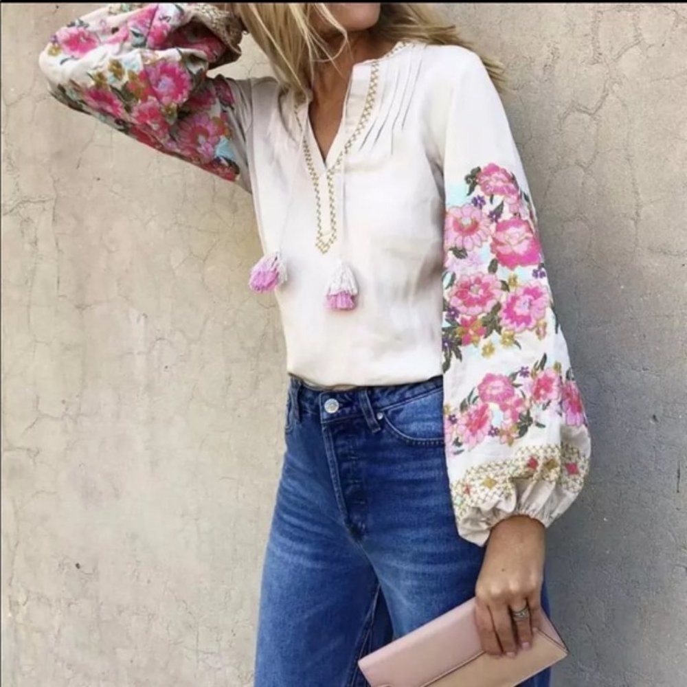 030 Boho Embroidered Floral Puff Sleeve Tassel Blouse - Picture 3 of 9